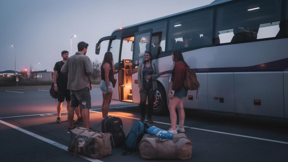 Young festival travellers with wristbands waiting beside a night coach before departure
