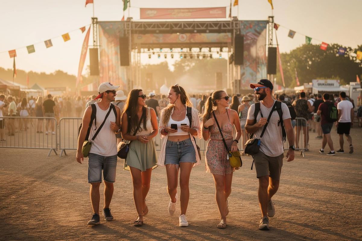 Young travellers walking toward a festival entrance together