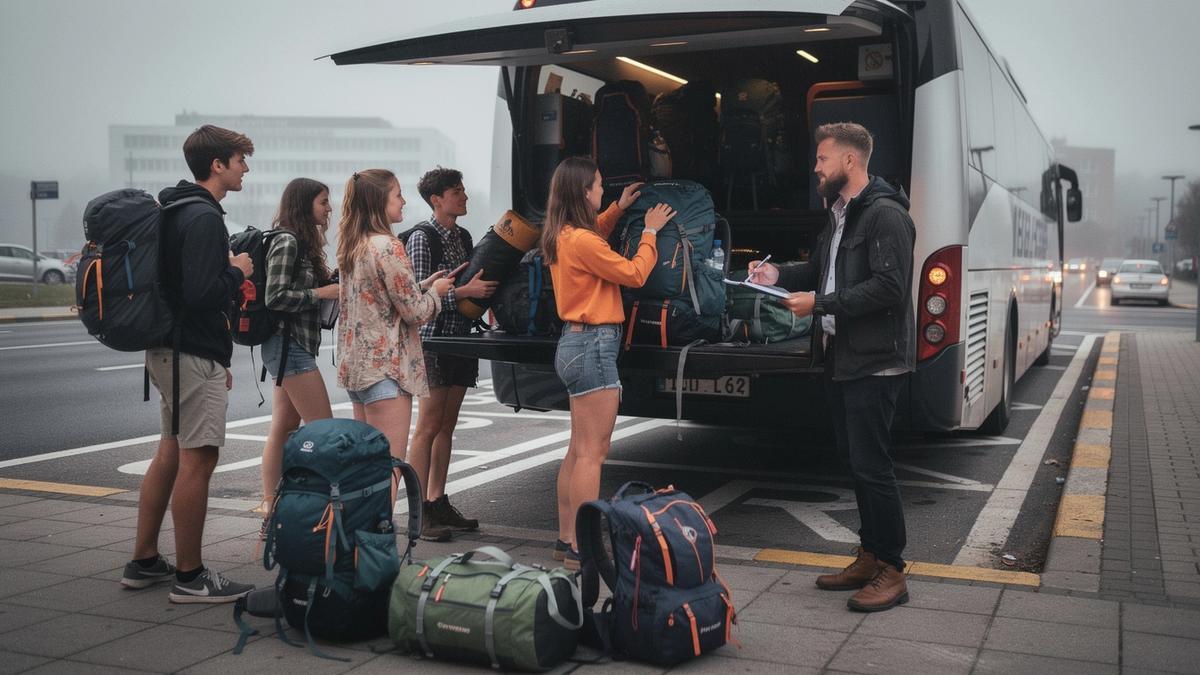 Crew of young travellers loading bags onto a coach before a festival departure in Kyiv