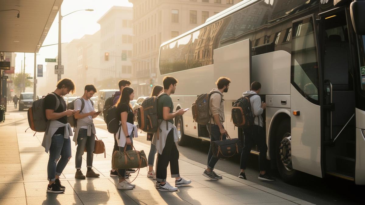 Young travellers with backpacks loading onto a crew coach before a summer festival