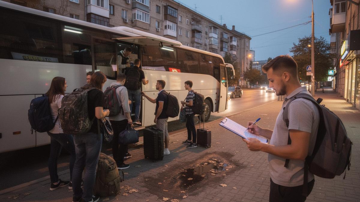 Travellers with backpacks boarding a coach outside a flat in Kyiv before a festival trip