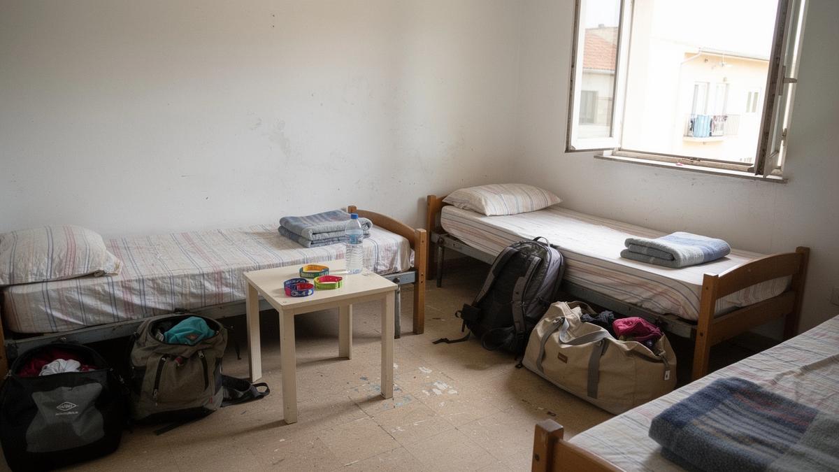 Shared four-bed room with made-up beds, backpacks on the floor and festival wristbands on a side table