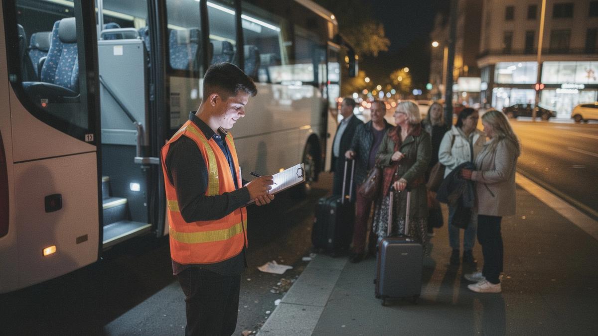 Crew leader checking names against a printed list beside a coach door before a night departure