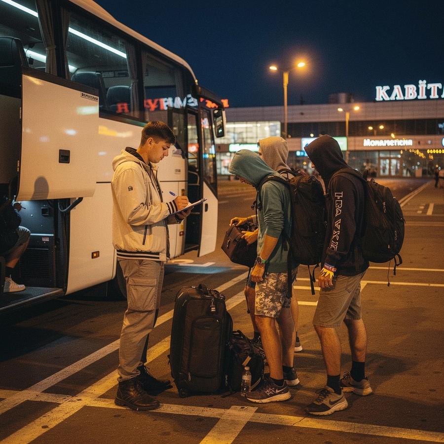 Crew leader checking seat numbers on a coach before a night departure from Kyiv